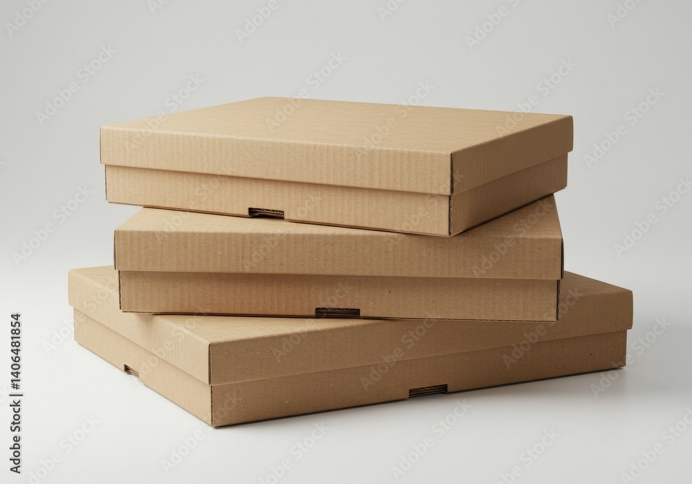 Poster a stack of three closed brown cardboard boxes on a white background in a studio setting
