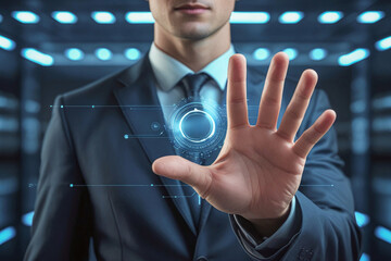 business man push and point forefinger and show hand up while standing with digital service data center server background for modern technology infographic hud overlay concept