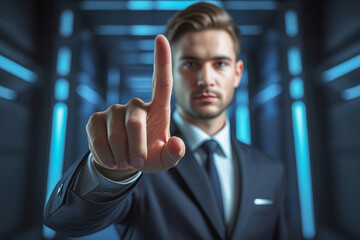 business man push and point forefinger and show hand up while standing with digital service data center server background for modern technology infographic hud overlay concept