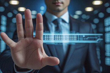 business man push and point forefinger and show hand up while standing with digital service data center server background for modern technology infographic hud overlay concept