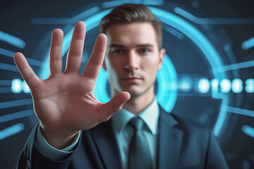 business man push and point forefinger and show hand up while standing with digital service data center server background for modern technology infographic hud overlay concept