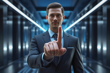 business man push and point forefinger and show hand up while standing with digital service data center server background for modern technology infographic hud overlay concept