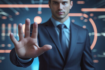 business man push and point forefinger and show hand up while standing with digital service data center server background for modern technology infographic hud overlay concept