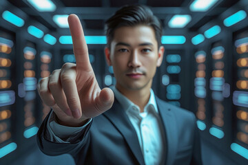 business man push and point forefinger and show hand up while standing with digital service data center server background for modern technology infographic hud overlay concept