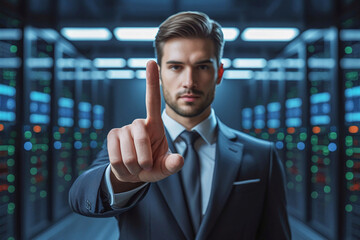 business man push and point forefinger and show hand up while standing with digital service data center server background for modern technology infographic hud overlay concept