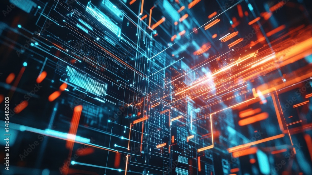 Poster a vibrant, digital abstract image featuring glowing lines and grids, suggesting a futuristic technol