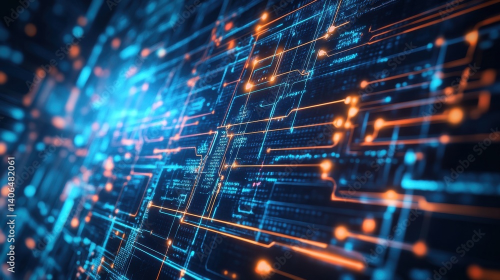 Poster a vibrant abstract representation of digital circuitry, showcasing intricate patterns and glowing li