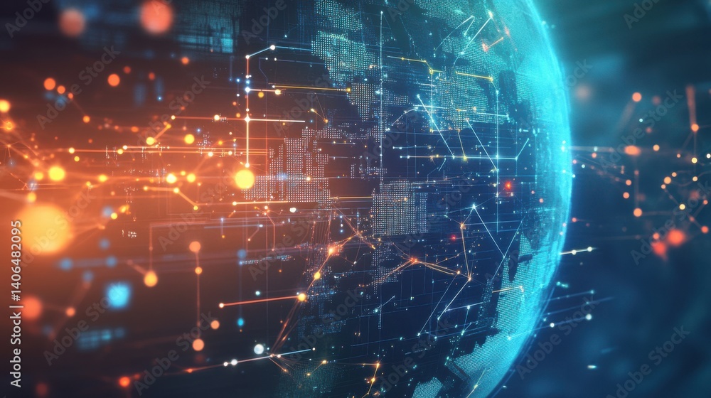 Poster a digital representation of earth with interconnected circuits and glowing nodes, illustrating techn