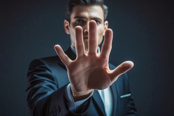 business man push and point forefinger and show hand up while standing with digital service data center server background for modern technology infographic hud overlay concept