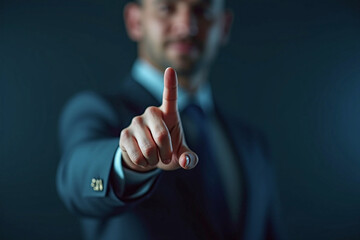 business man push and point forefinger and show hand up while standing with digital service data center server background for modern technology infographic hud overlay concept