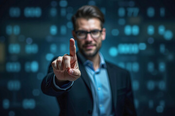 business man push and point forefinger and show hand up while standing with digital service data center server background for modern technology infographic hud overlay concept