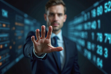 business man push and point forefinger and show hand up while standing with digital service data center server background for modern technology infographic hud overlay concept