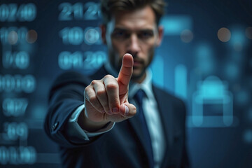 business man push and point forefinger and show hand up while standing with digital service data center server background for modern technology infographic hud overlay concept