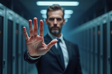 business man push and point forefinger and show hand up while standing with digital service data center server background for modern technology infographic hud overlay concept