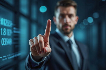 business man push and point forefinger and show hand up while standing with digital service data center server background for modern technology infographic hud overlay concept