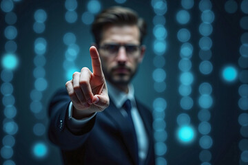 business man push and point forefinger and show hand up while standing with digital service data center server background for modern technology infographic hud overlay concept