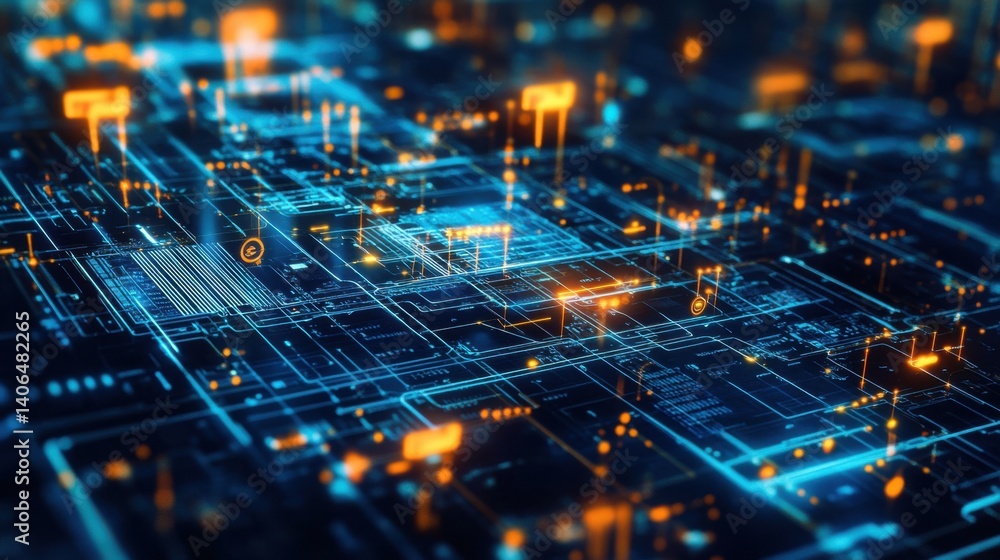 Poster a vibrant digital circuit board with glowing lines and nodes, representing advanced technology and d