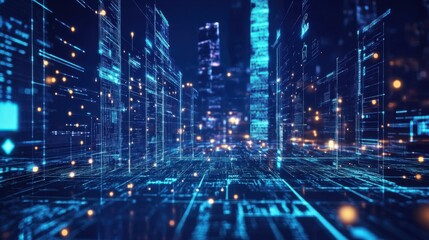 A futuristic digital cityscape illuminated with blue lines and lights, representing advanced technology and urban architecture.