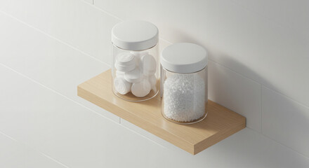 Clear jars with cotton balls and powder on a wooden shelf  