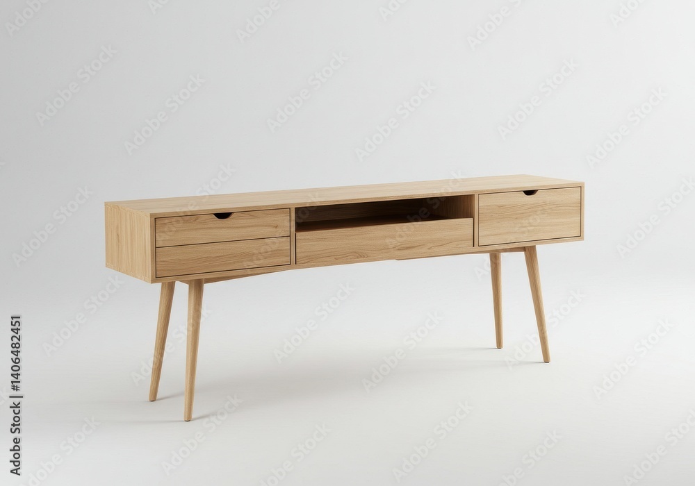 Poster a light wood console table with drawers and open storage on a white background in studio shot