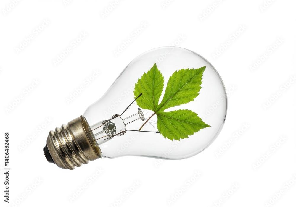 Poster a lightbulb with a green leaf inside resting on a white surface in a close up studio shot view
