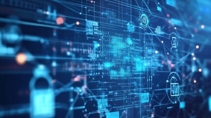 A futuristic digital network with glowing blue lines and icons, representing technology, data connectivity, and cybersecurity.