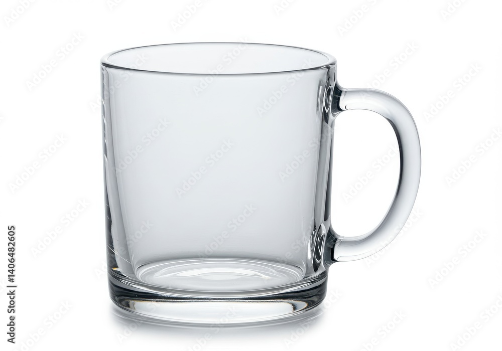 Poster a clear glass mug with a handle is displayed on a white background in a studio setting view