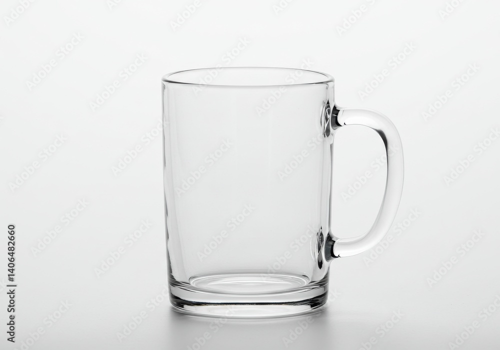 Poster a clear glass mug with a handle is centered on a white background in a studio setting light
