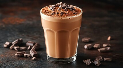 Rich, decadent chocolate smoothie in a glass.  Topped with cocoa powder and chocolate chips