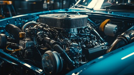 Classic car engine displayed in garage during restoration project showcasing intricate details and craftsmanship