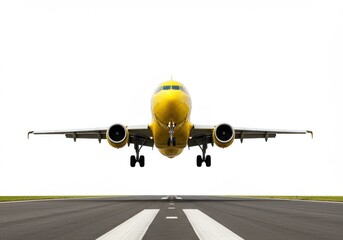 A yellow airplane is taking off from a runway with a white background on a sunny day at the airport