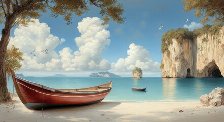 Vintage Style Painting of Red Boat on Tropical Beach with Limestone Cliffs