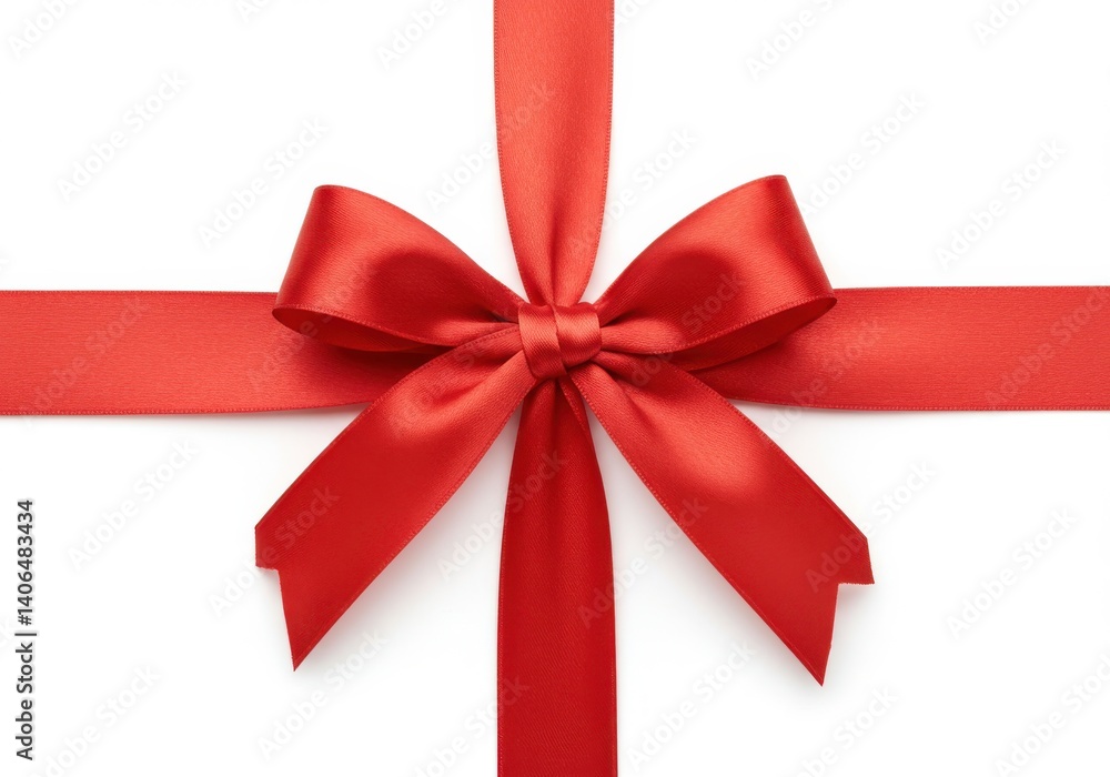 Poster a close up of a red satin ribbon tied in a bow on a white background centered and facing the viewer