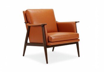 A single tan leather chair with a dark wooden frame isolated on a white background in a studio setting