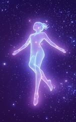 Naklejka premium Futuristic 3D Illustration of Woman Floating in Outer Space in White Glowing Bodysuit, Full Body Astronaut Sci-Fi Character Against Starry Purple Galaxy Background