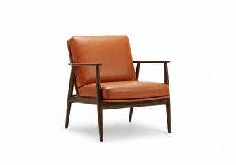 A single orange leather chair with dark wooden frame isolated on a white studio background view front