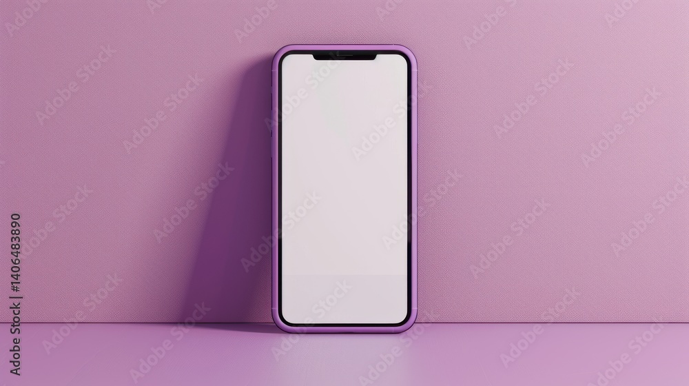 Poster realistic front view smartphone mockup with a purple frame and a blank white screen, isolated on a s