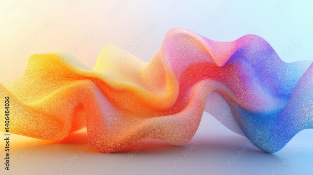 Poster an abstract wave-like structure featuring gradient colors of orange, pink, and blue, creating a dyna