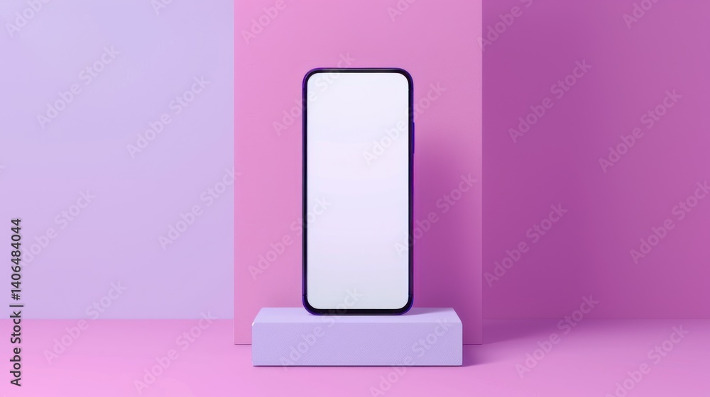 Poster realistic front view smartphone mockup with a purple frame and a blank white screen, isolated on a s