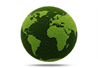 A green earth globe covered in grass showing continents on a white isolated background view of the world