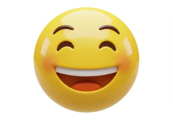 A yellow emoji with closed eyes and a wide toothy smile expressing happiness on a white background