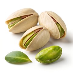 Pistachios, whole, cracked open, and shelled, pale beige shells with vibrant green nuts, detailed texture, photorealistic quality