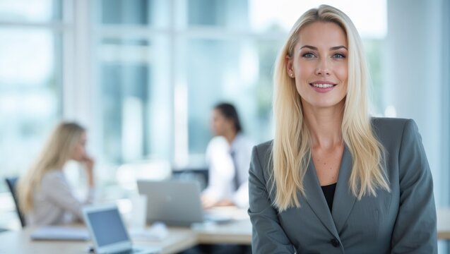 Female leader, manager or CEO with a smile, mission and vision in the office and her team in the background. Leadership, management and success with a woman boss and corporate business people at work