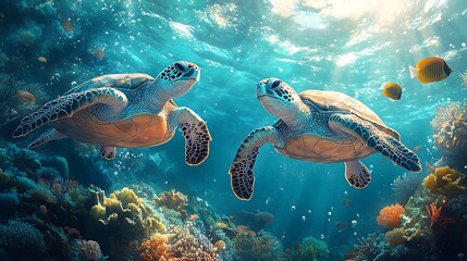 Fototapeta premium Two Sea Turtles Swimming Gracefully In A Vibrant Coral Reef Photo