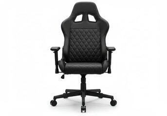 A front view of a black gaming chair with a quilted pattern on a white background studio shot