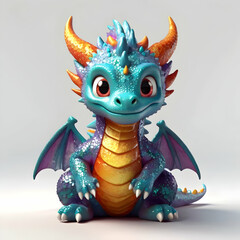 Fototapeta premium Blue cute baby dragon with glitter and sparkle on the scales, with big eyes and horns, wings spreading delicately, revealing shimmering scales against soft gray backdrop