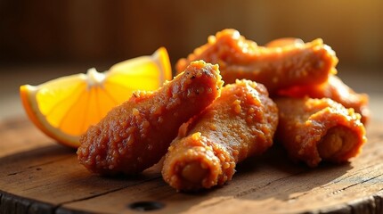 Hot Meat Dishes - Fried Chicken Wings with Orange Slice and Vegetable Leaf