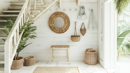 Coastal entryway design with natural elements.