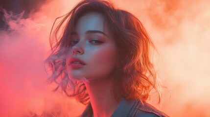 A portrait of a young woman with wavy hair, surrounded by colorful smoke, creating a moody and artistic atmosphere.