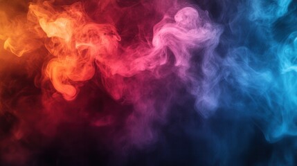 A vibrant, swirling mix of colorful smoke, blending hues of orange, pink, and blue against a dark background, creating an ethereal and dynamic visual effect.